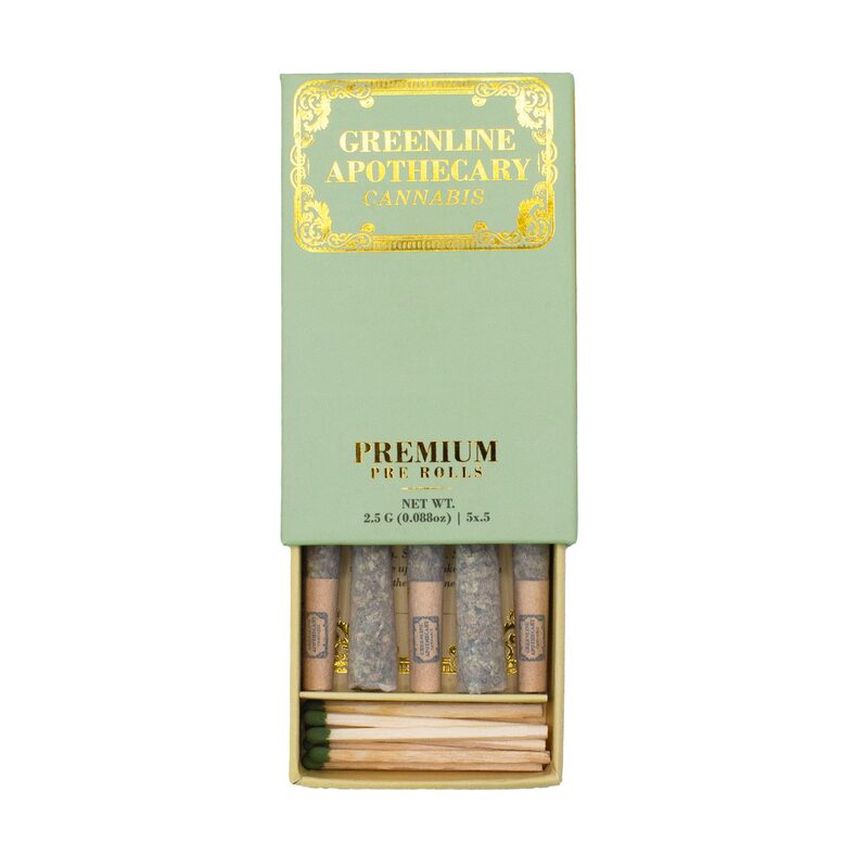 Biscotti indica cannabis functional flower pre-roll, 19.1% THC, terpenes caryophyllene/linalool/humulene/limonene, Greenline Apothecary